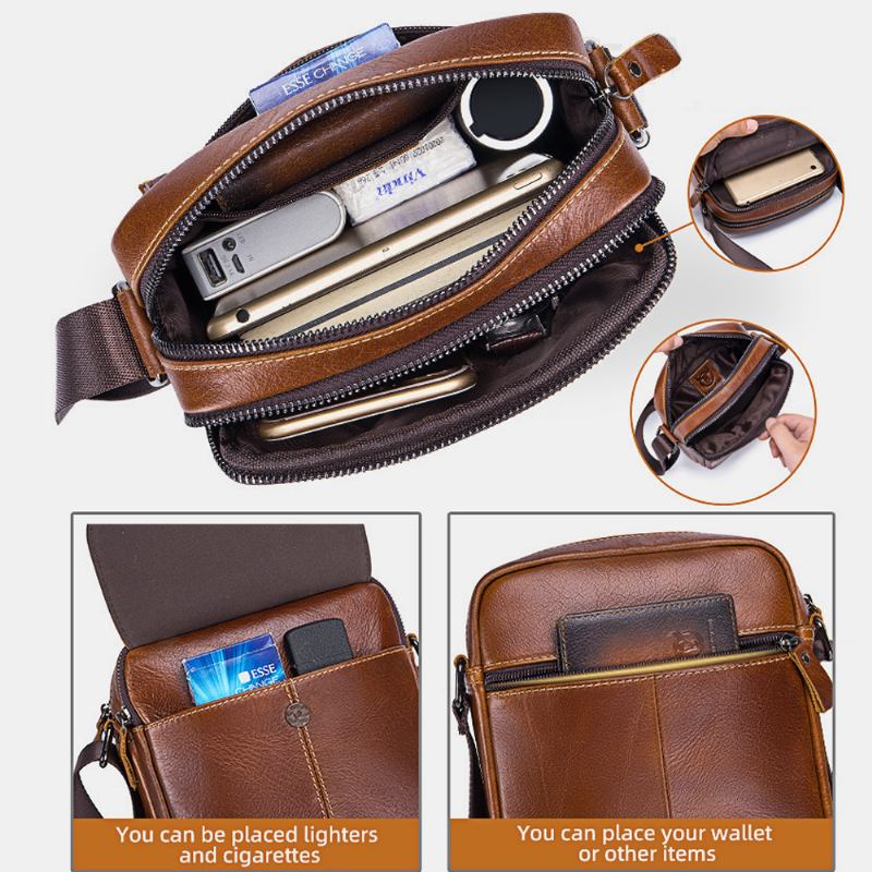 Menn Førstelags Kuskinn Multi-pocket Crossbody Veske Retro Stor Kapasitet Rygg Anti-theft Pocket Skulderveske