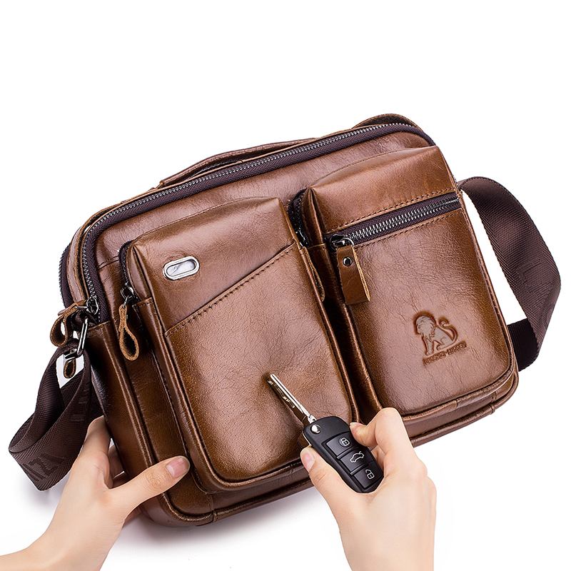 Menn Genuine Leather Crossbody Veske Øretelefon Kuskinnsveske