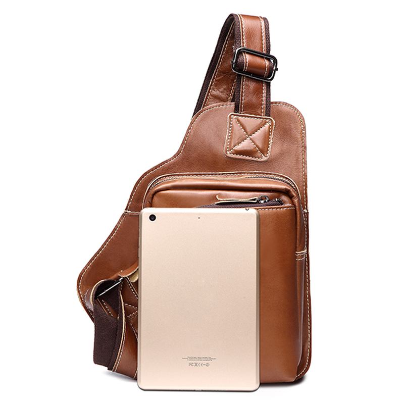 Menn Genuine Leather Sling Veske Business Fritids Outdoor Chest Crossbody Veske For Ipad Mini