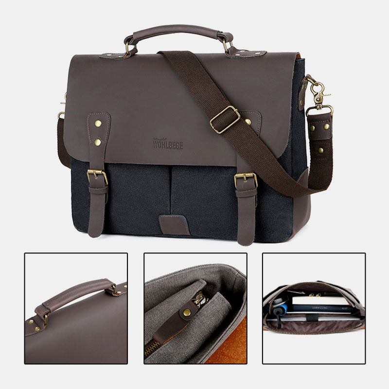 Menn Lerret Stor Kapasitet Deksel Glidelås Vintage Business Messenger Veske Laptop Veske Crossbody Veske Håndveske