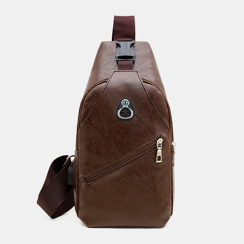 Menn Pu-skinn Retro Business Brystveske Med Usb-lading Ungdomsskinn Skulderveske Cross Body Bag