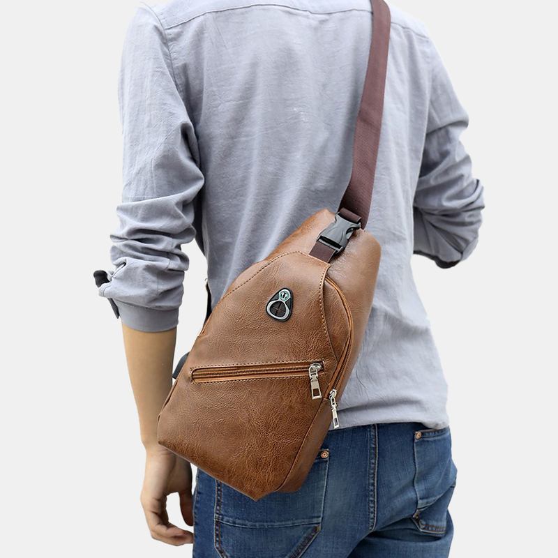 Menn Pu-skinn Retro Business Brystveske Med Usb-lading Ungdomsskinn Skulderveske Cross Body Bag