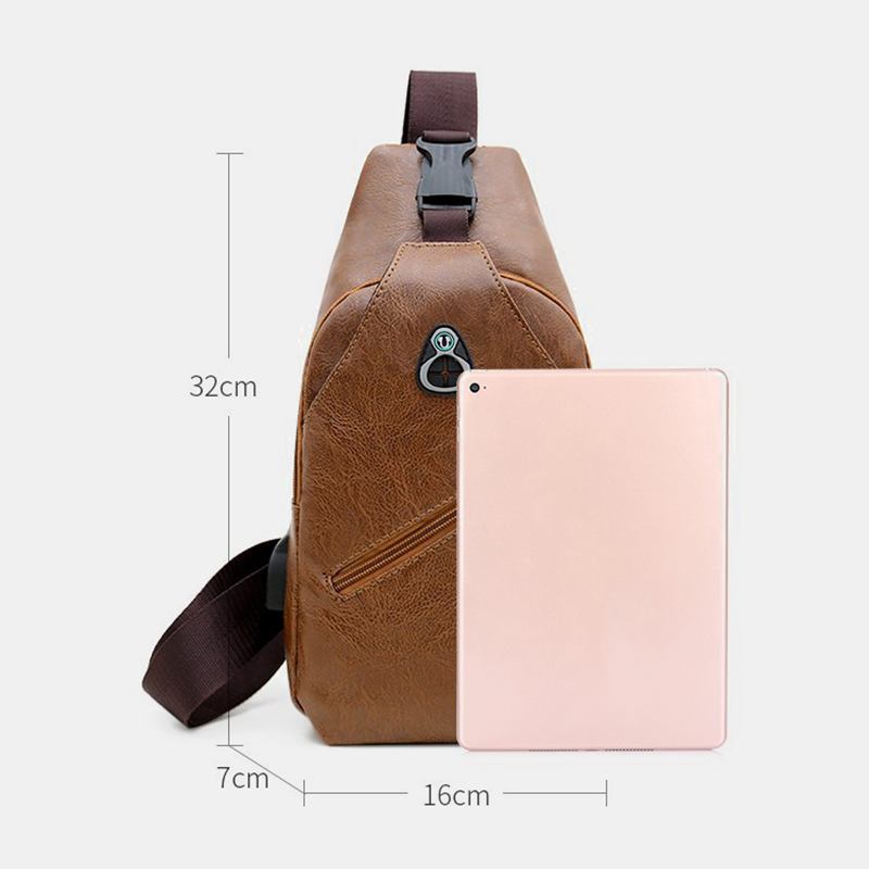 Menn Pu-skinn Retro Business Brystveske Med Usb-lading Ungdomsskinn Skulderveske Cross Body Bag