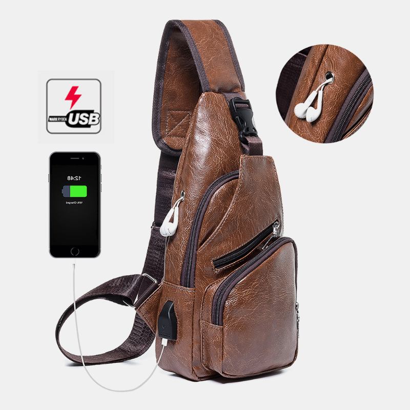 Menn Uformelt Motstandsdyktig Vanntett Anti-tyveri Brystveske Hodetelefonhull Usb-ladeport Design Multi-pocket Travel Daypack Skulderveske