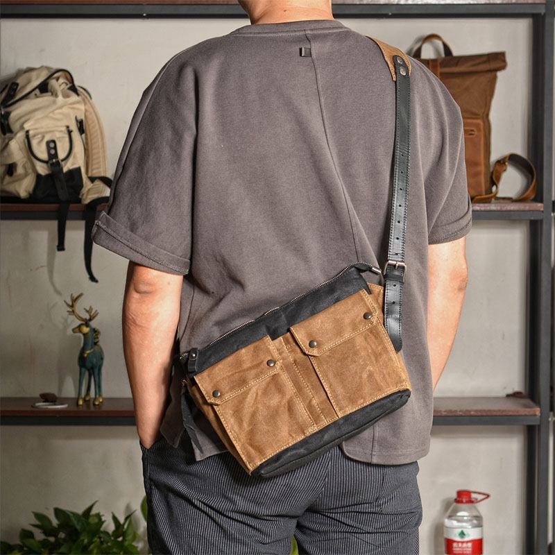 Menn Uformelt Slitasjebestandig Vanntett Lerrets-koffert Multi-pocket Farge Kontrast Crossbody Skulderveske