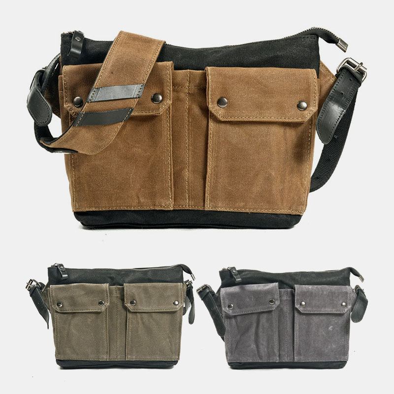 Menn Uformelt Slitasjebestandig Vanntett Lerrets-koffert Multi-pocket Farge Kontrast Crossbody Skulderveske