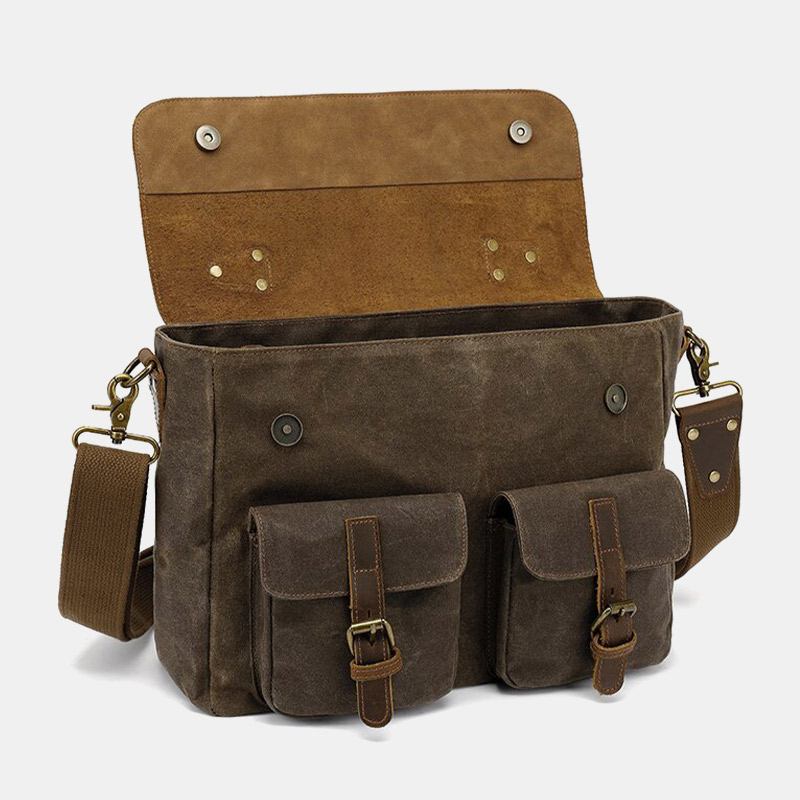 Menn Vintage Multi-lommer Slitasjebestandig Koffert I Ekte Skinn Crossbody Skulderveske