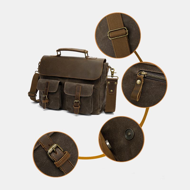 Menn Vintage Multi-lommer Slitasjebestandig Koffert I Ekte Skinn Crossbody Skulderveske