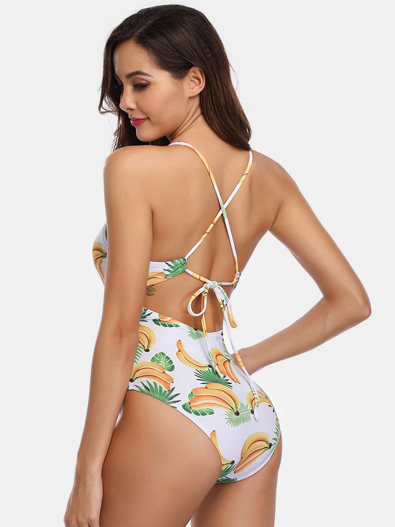 Dame Banan Med Trykk Criss-cross Spaghetti Straps One Piece Beach Badetøy