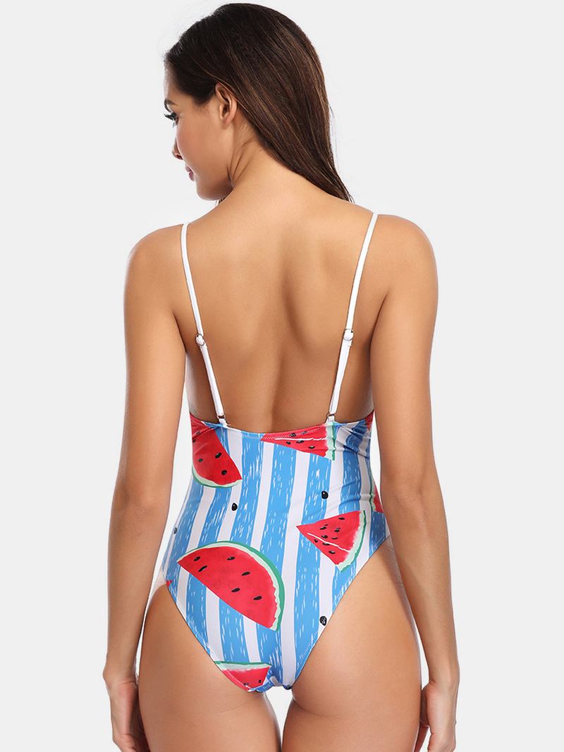 Dame Vannmelon Med Trykk Stripet V-hals Backless One Piece Hot Badetøy