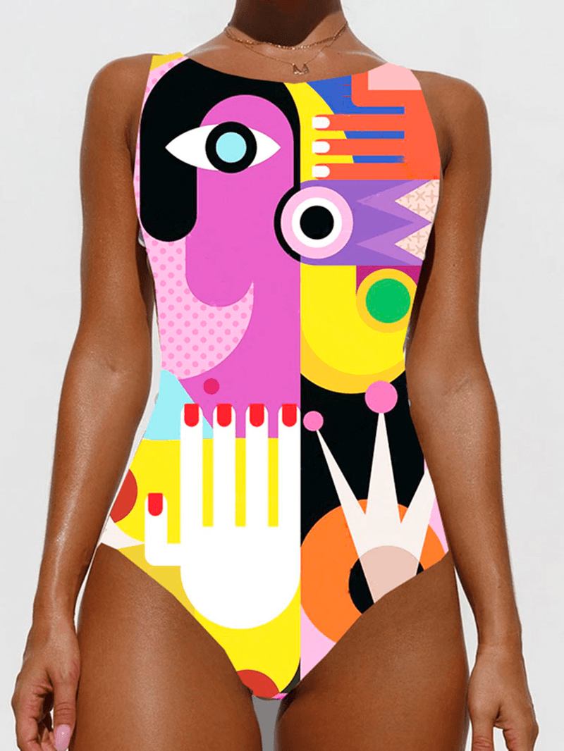 Fargerik Abstrakt Figur Med Trykk Høyhals Slanking One Piece Beach Dame Badetøy