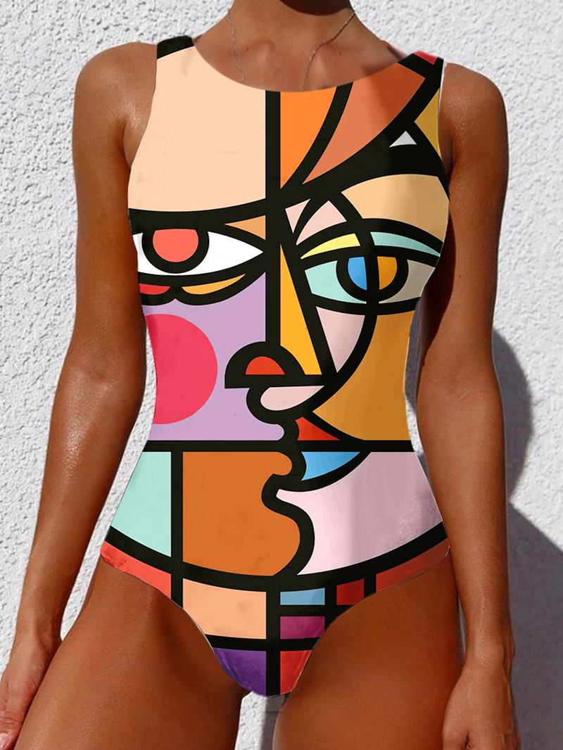 Kvinne Abstrakt Figur Med Trykk Brede Stropper Backless Beach One Piece