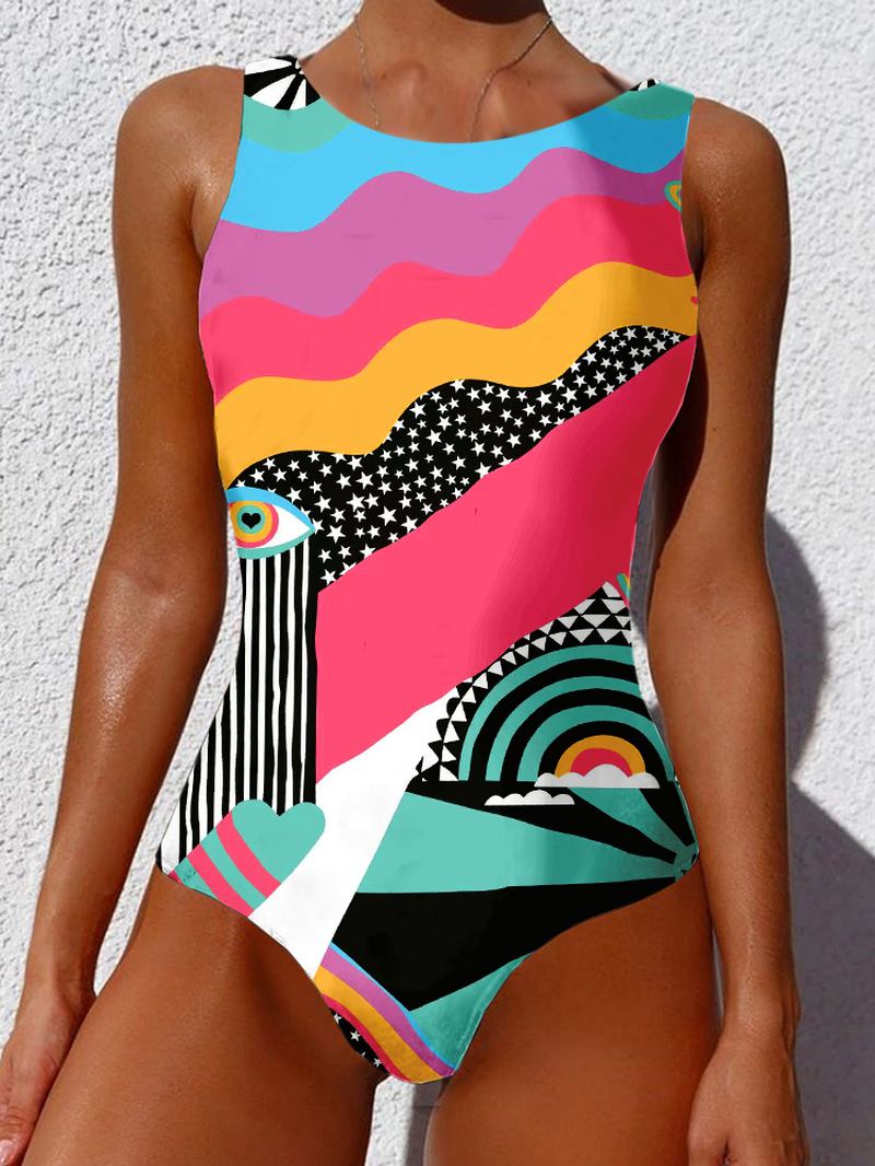 Kvinne Abstrakt Figur Med Trykk Brede Stropper Backless Beach One Piece