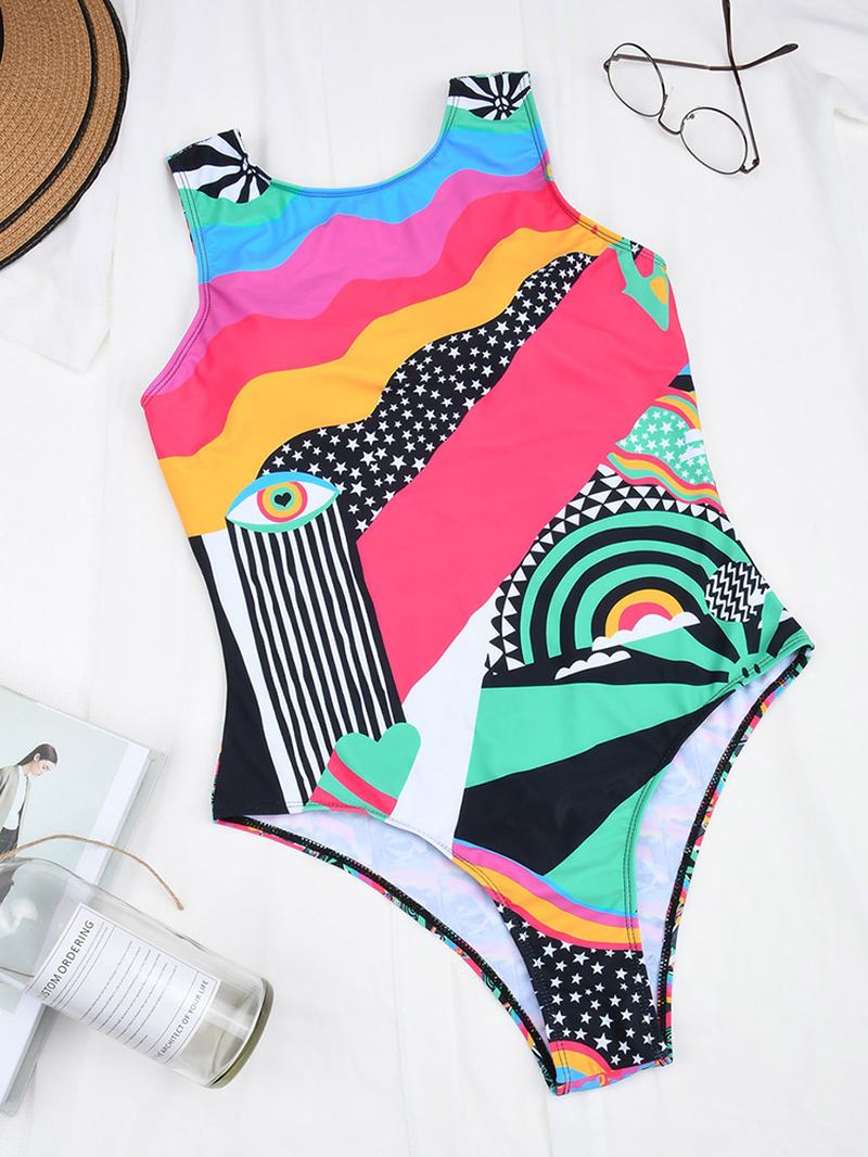 Kvinne Abstrakt Figur Med Trykk Brede Stropper Backless Beach One Piece