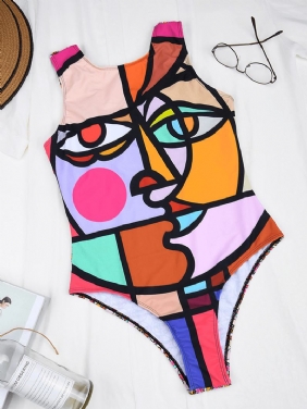 Kvinne Multi-color Abstrakt Figur Med Trykk Ryggløs Ermeløs One-piece Badetøy