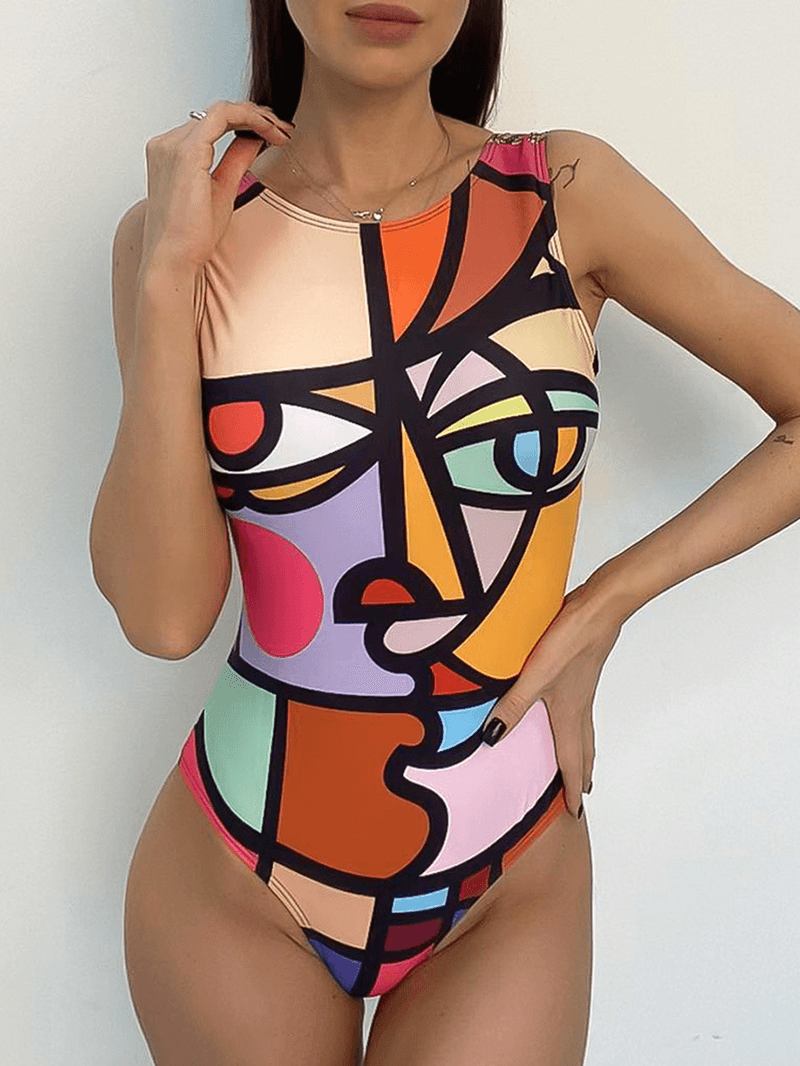 Kvinne Multi-color Abstrakt Figur Med Trykk Ryggløs Ermeløs One-piece Badetøy