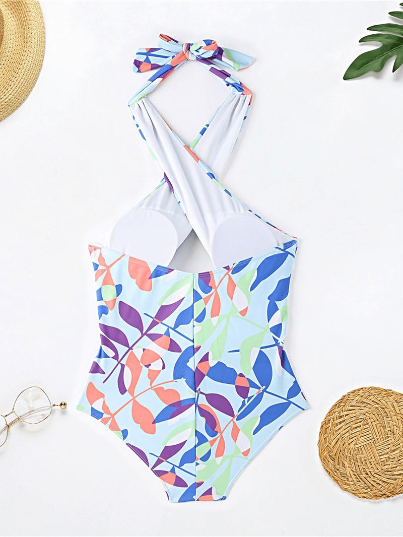 Kvinner Fargerik Utskrift Ryggløs Høy Midje Cross Beach Holiday Halter One Piece