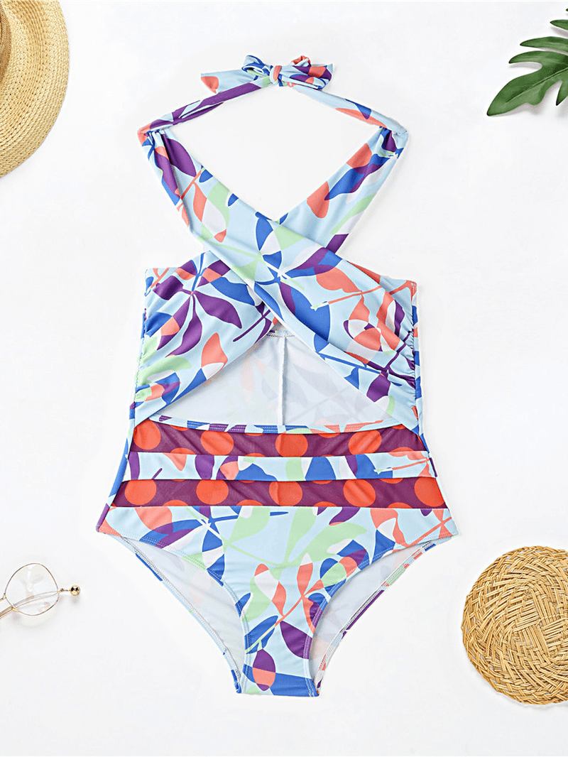 Kvinner Fargerik Utskrift Ryggløs Høy Midje Cross Beach Holiday Halter One Piece