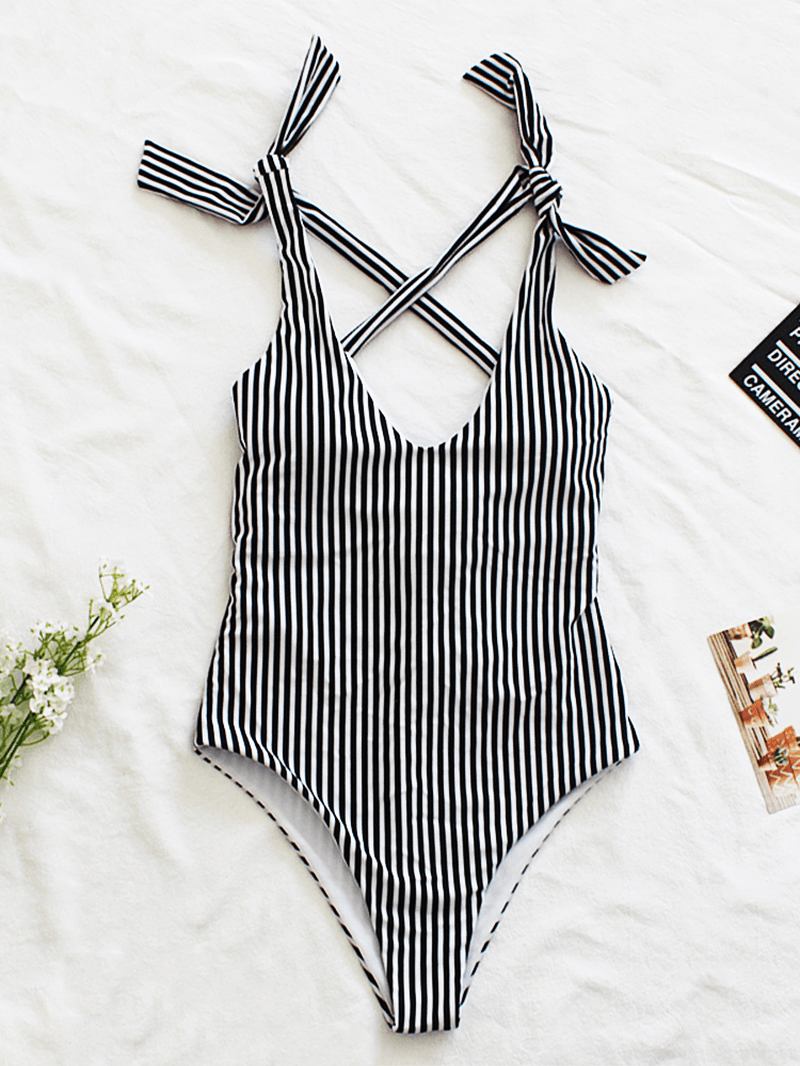 Kvinner Pinstripe Criss Cross Tilbake Søt Sløyfe Skulder One Piece Slankende Badedrakt