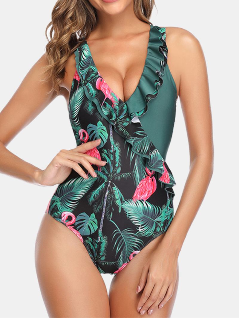 Kvinner Tropical Leaves Flamingo Med Trykk Ruffles Hawaii Holiday One Piece Patchwork Badetøy