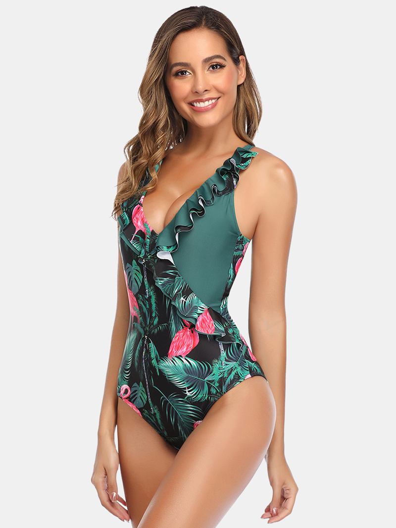 Kvinner Tropical Leaves Flamingo Med Trykk Ruffles Hawaii Holiday One Piece Patchwork Badetøy