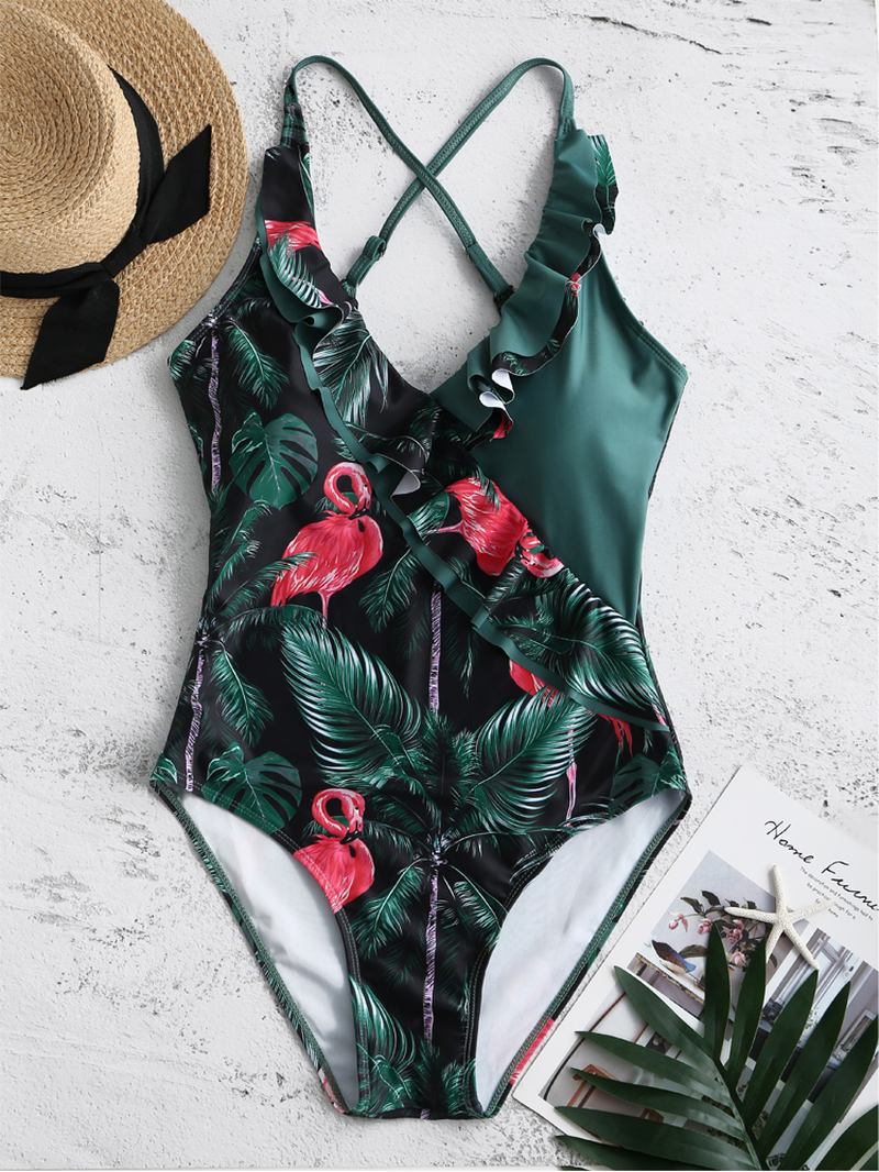 Kvinner Tropical Leaves Flamingo Med Trykk Ruffles Hawaii Holiday One Piece Patchwork Badetøy