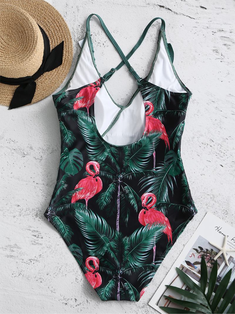 Kvinner Tropical Leaves Flamingo Med Trykk Ruffles Hawaii Holiday One Piece Patchwork Badetøy