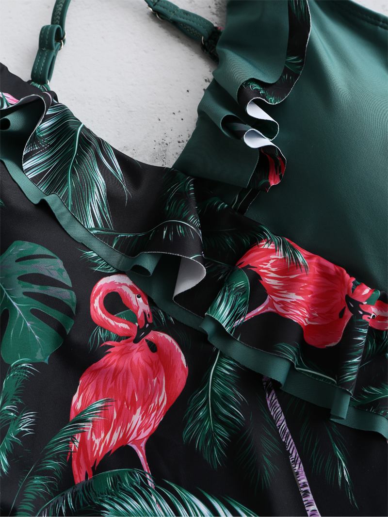 Kvinner Tropical Leaves Flamingo Med Trykk Ruffles Hawaii Holiday One Piece Patchwork Badetøy