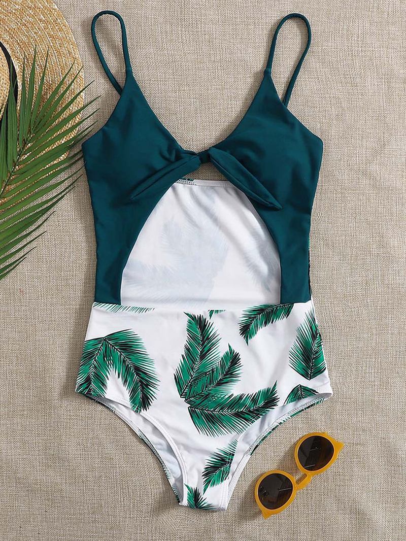 Leaf Med Trykk Knotted Spaghetti Justerbare Stropper One Piece Sommer Beach Badetøy