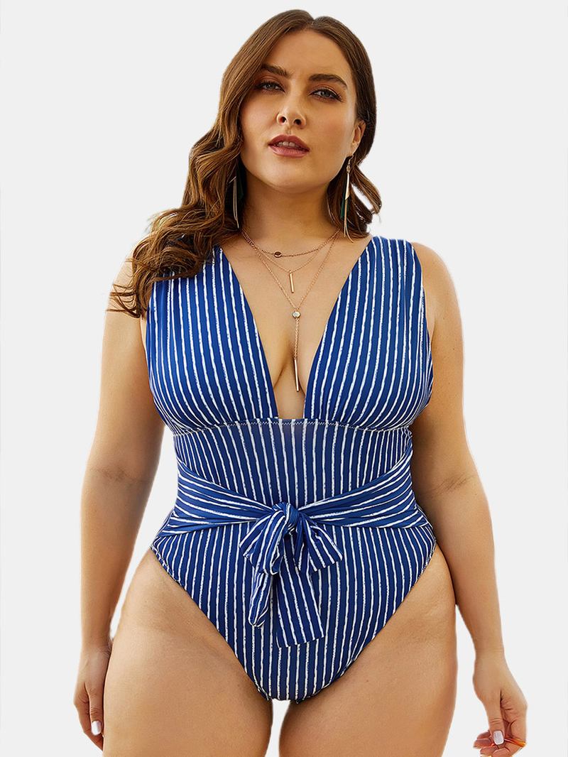 Navy Stripete Ryggløse Dype Halser Høyt Ben Badetøy One Pieces