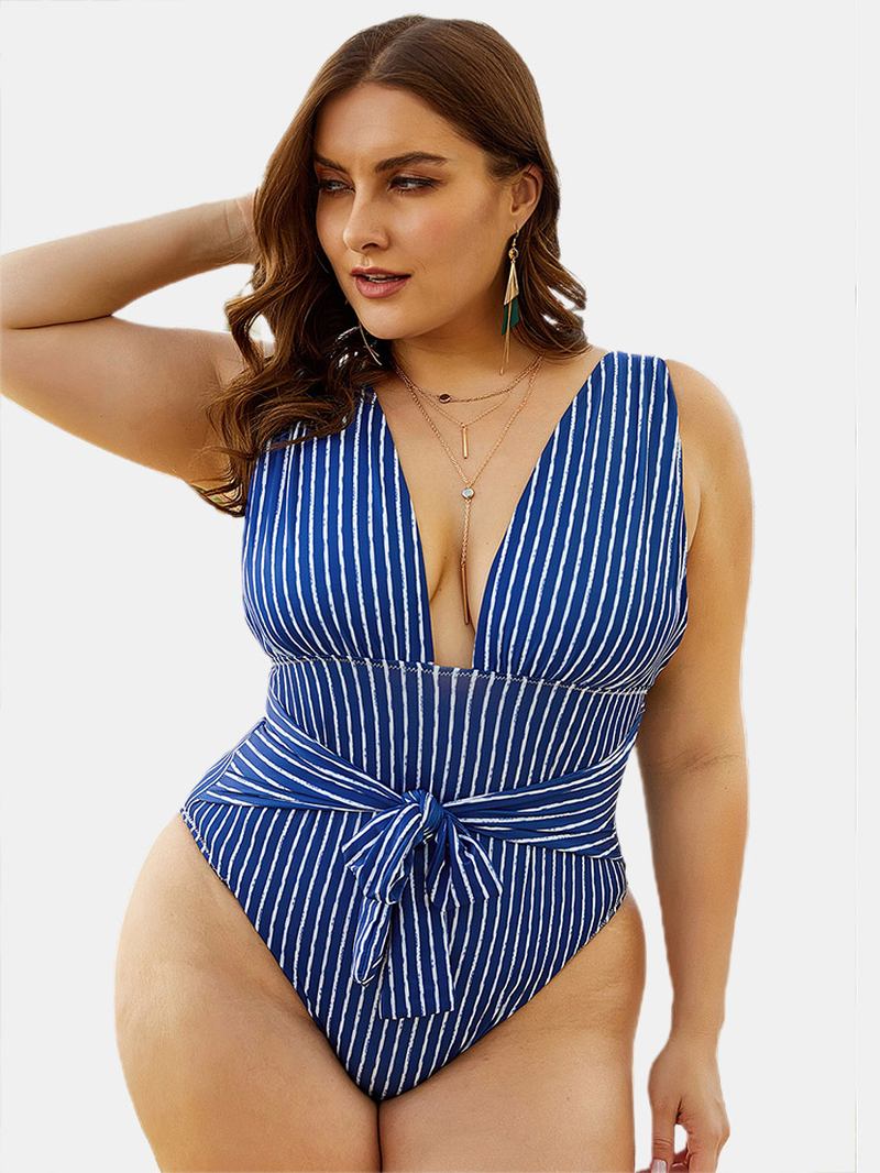 Navy Stripete Ryggløse Dype Halser Høyt Ben Badetøy One Pieces