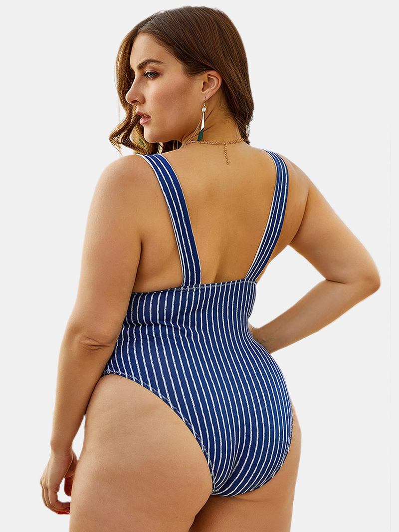 Navy Stripete Ryggløse Dype Halser Høyt Ben Badetøy One Pieces