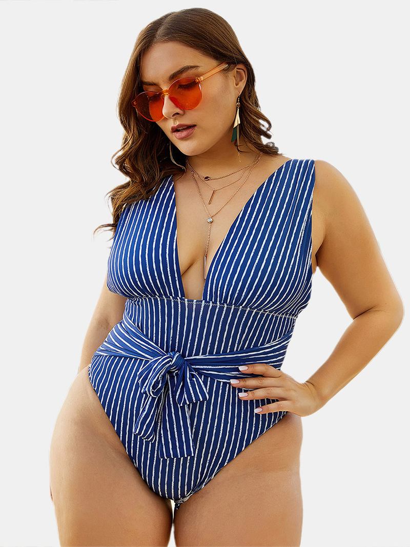 Navy Stripete Ryggløse Dype Halser Høyt Ben Badetøy One Pieces