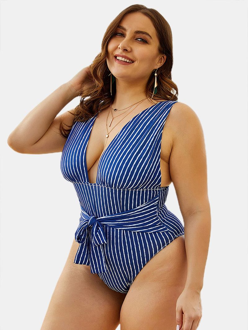 Navy Stripete Ryggløse Dype Halser Høyt Ben Badetøy One Pieces