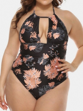 Plus Size Dame Blomstertrykk Halter Snøring Backless One Pieces Badetøy