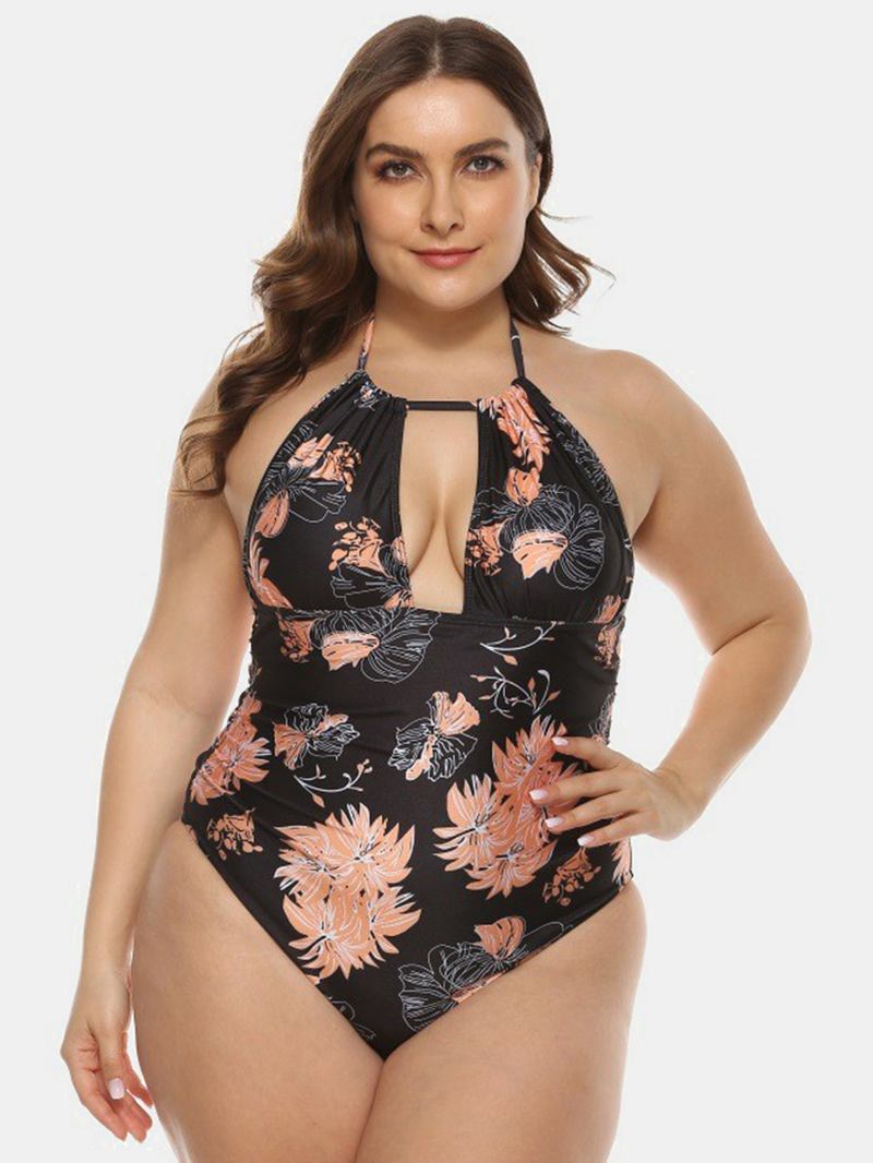 Plus Size Dame Blomstertrykk Halter Snøring Backless One Pieces Badetøy