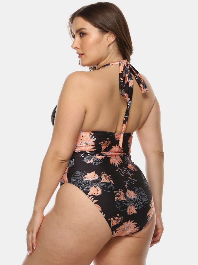 Plus Size Dame Blomstertrykk Halter Snøring Backless One Pieces Badetøy