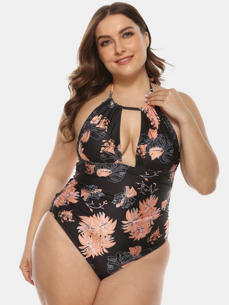 Plus Size Dame Blomstertrykk Halter Snøring Backless One Pieces Badetøy