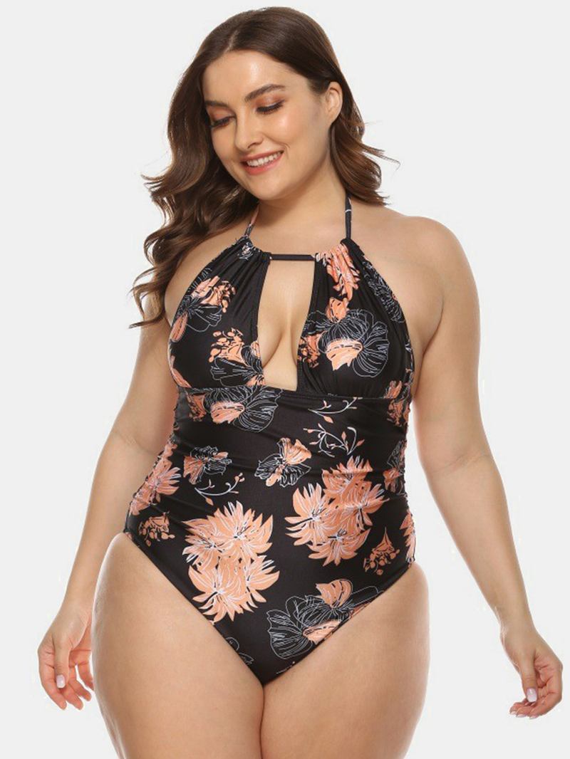 Plus Size Dame Blomstertrykk Halter Snøring Backless One Pieces Badetøy