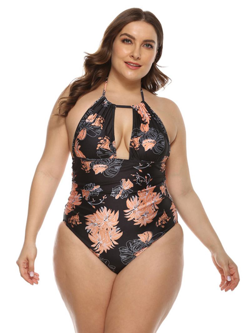 Plus Size Dame Blomstertrykk Halter Snøring Backless One Pieces Badetøy