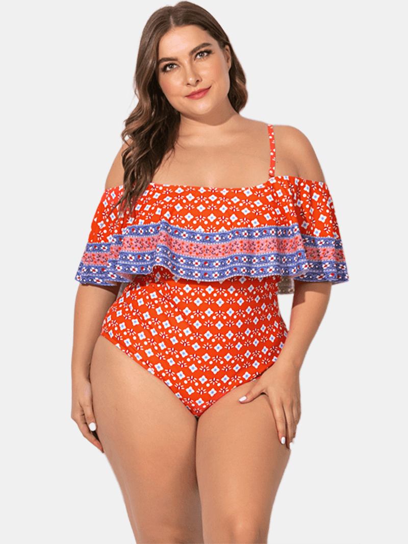 Plus Size Slynge Ruffled Trim Med Trykk Badetøy Off Shoulder One-pieces