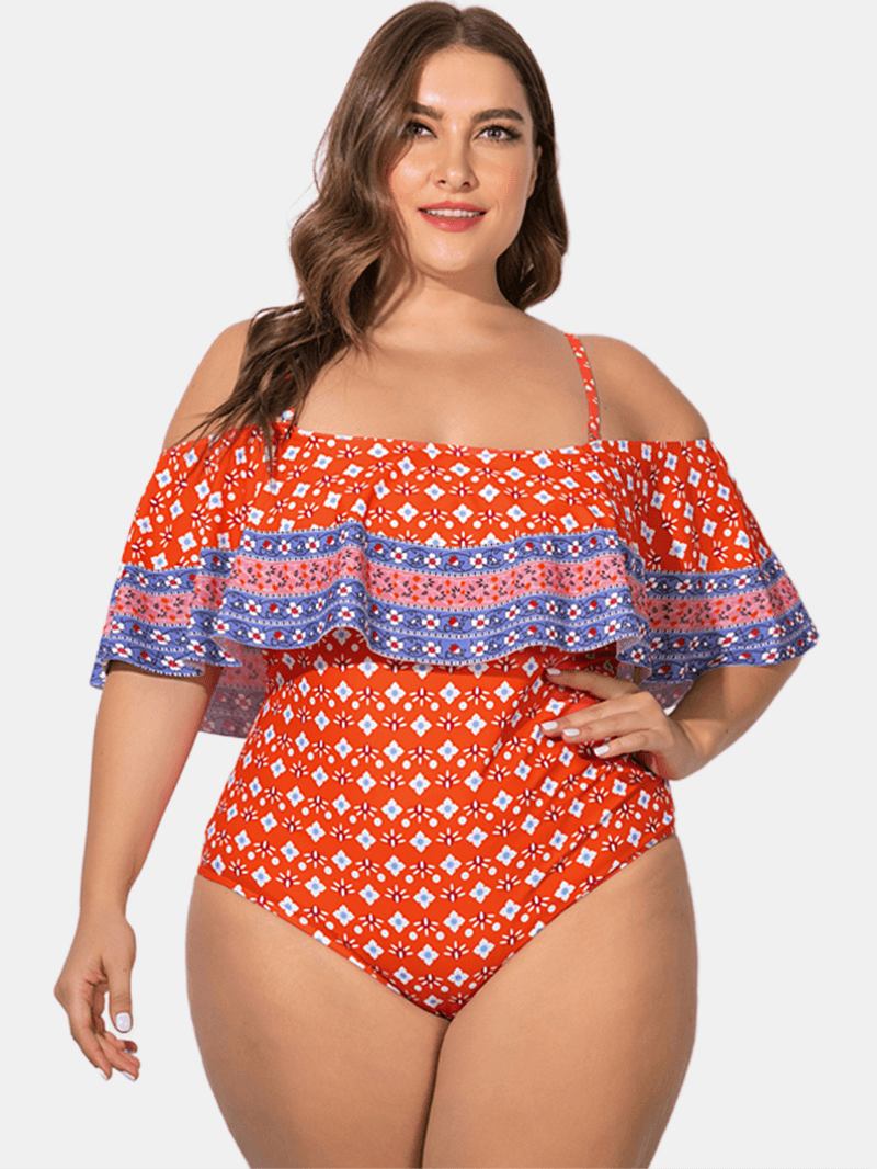 Plus Size Slynge Ruffled Trim Med Trykk Badetøy Off Shoulder One-pieces