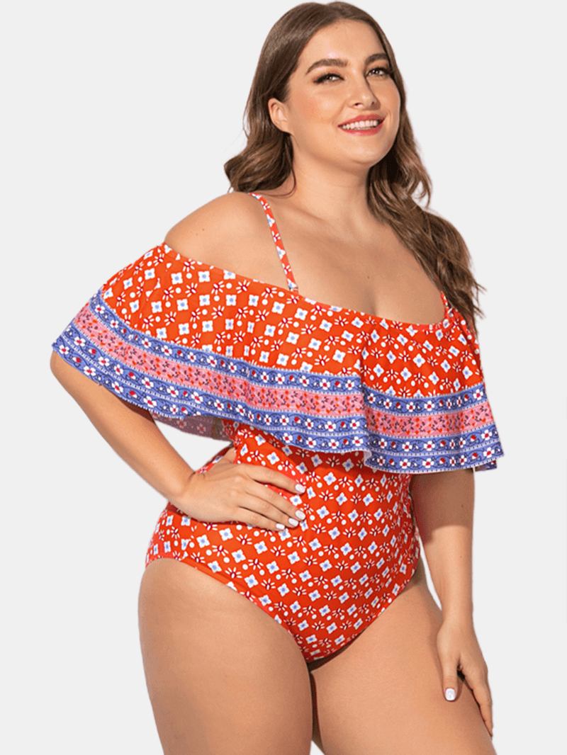 Plus Size Slynge Ruffled Trim Med Trykk Badetøy Off Shoulder One-pieces