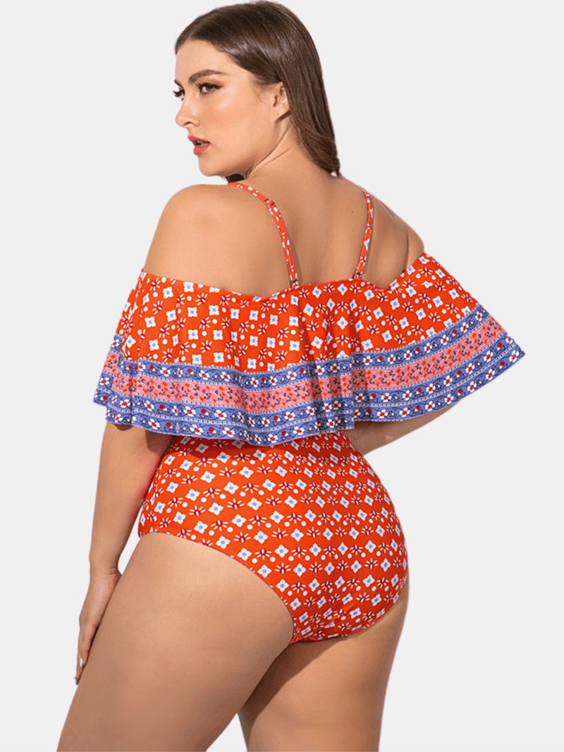 Plus Size Slynge Ruffled Trim Med Trykk Badetøy Off Shoulder One-pieces