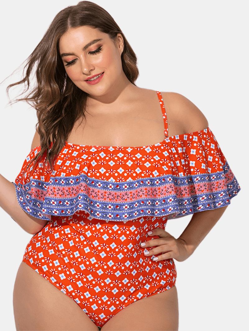 Plus Size Slynge Ruffled Trim Med Trykk Badetøy Off Shoulder One-pieces