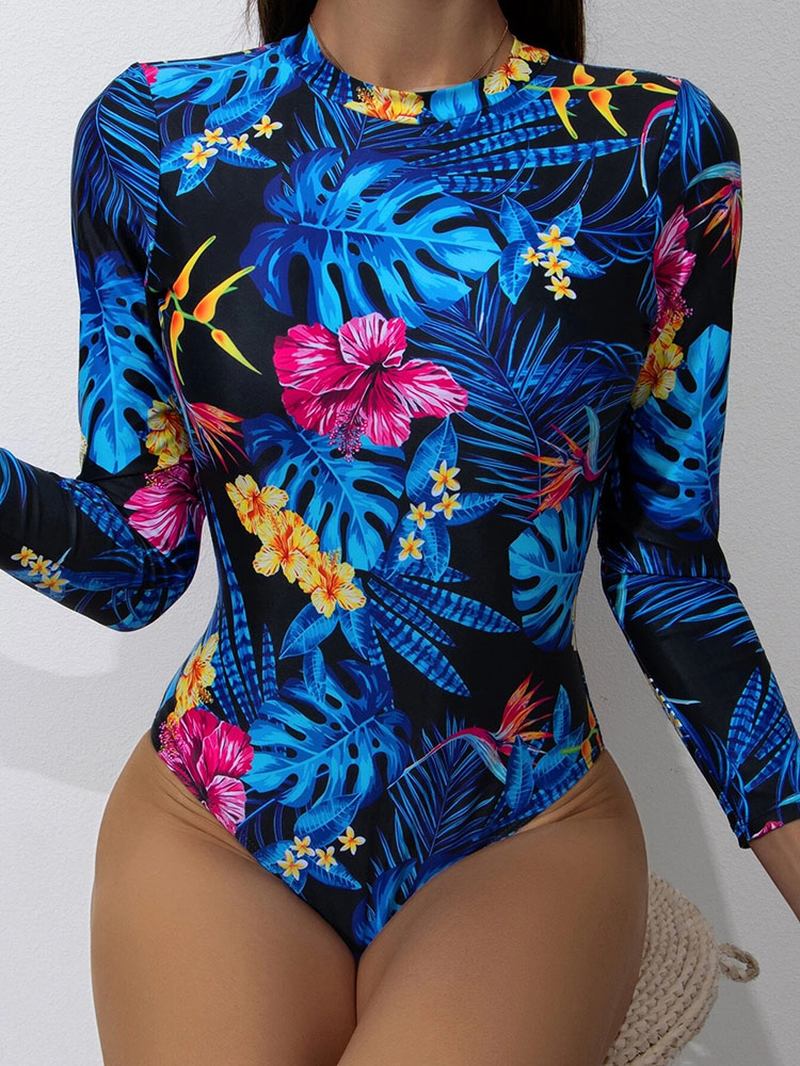 Tropical Leaves Med Trykk High Neck Backless Langermet Slimming One Piece Dame Badetøy