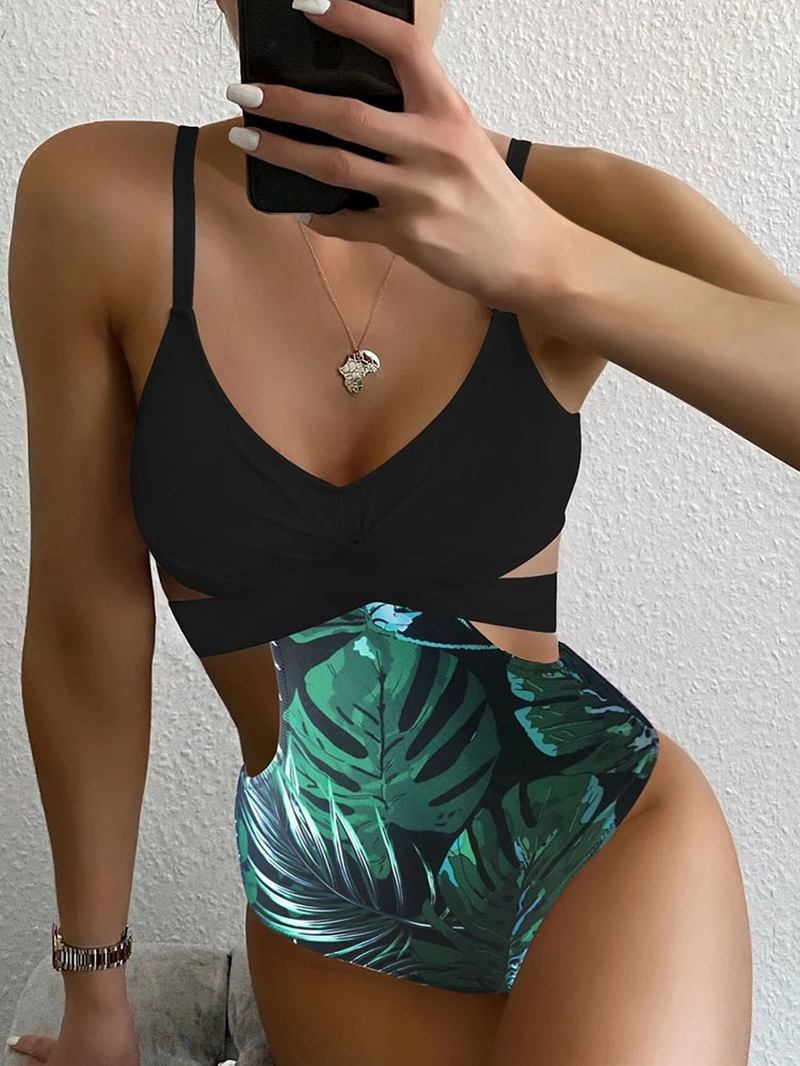 Tropical Plant Med Trykk Cross Cut Out Tie Back Hawaii Style One Piece Badedrakt For Kvinner