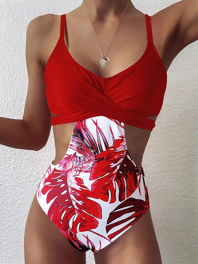 Tropical Plant Med Trykk Cross Cut Out Tie Back Hawaii Style One Piece Badedrakt For Kvinner