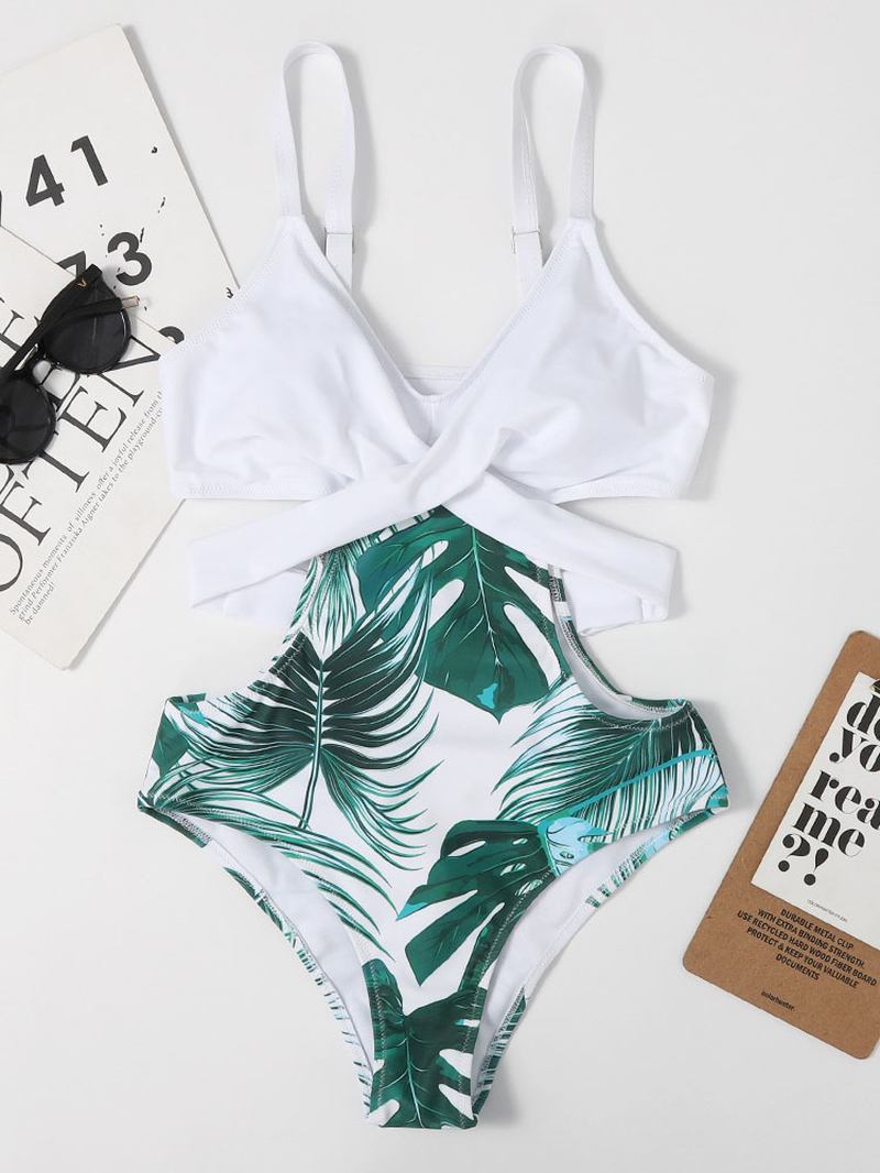 Tropical Plant Med Trykk Cross Cut Out Tie Back Hawaii Style One Piece Badedrakt For Kvinner