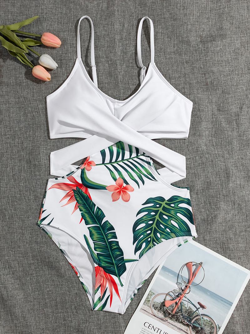 Tropical Plant Med Trykk På Kryss Og Tvers Utskåret Strappy One Piece Hawaii Style Badetøy For Kvinner